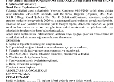 TOZO TUFTİNG TEKSTİL A.Ş. 24 Nisan 2026 Tarihli Genel Kurul Toplantısı ve Gündemi