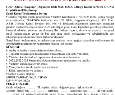 TOZO TUFTİNG TEKSTİL A.Ş. 24 Nisan 2026 Tarihli Genel Kurul Toplantısı ve Gündemi